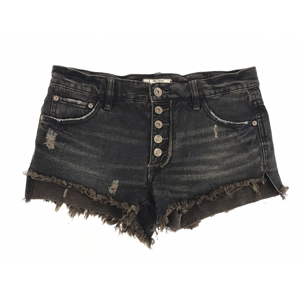 Free People Dark Wash Distressed Jean Shorts 25 Denim Button Fly Boho Festival - Picture 2 of 7